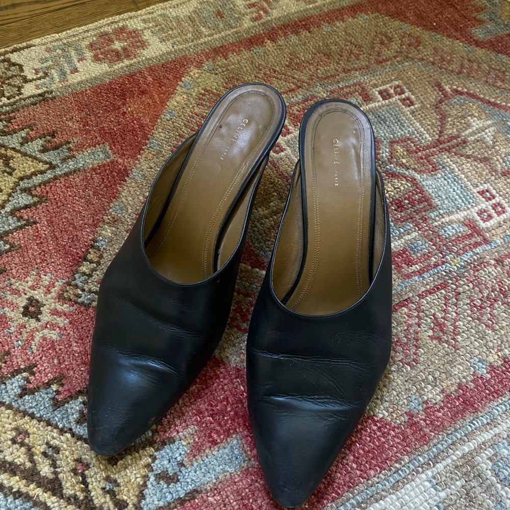 Celine Black Leather kitten heel Mules